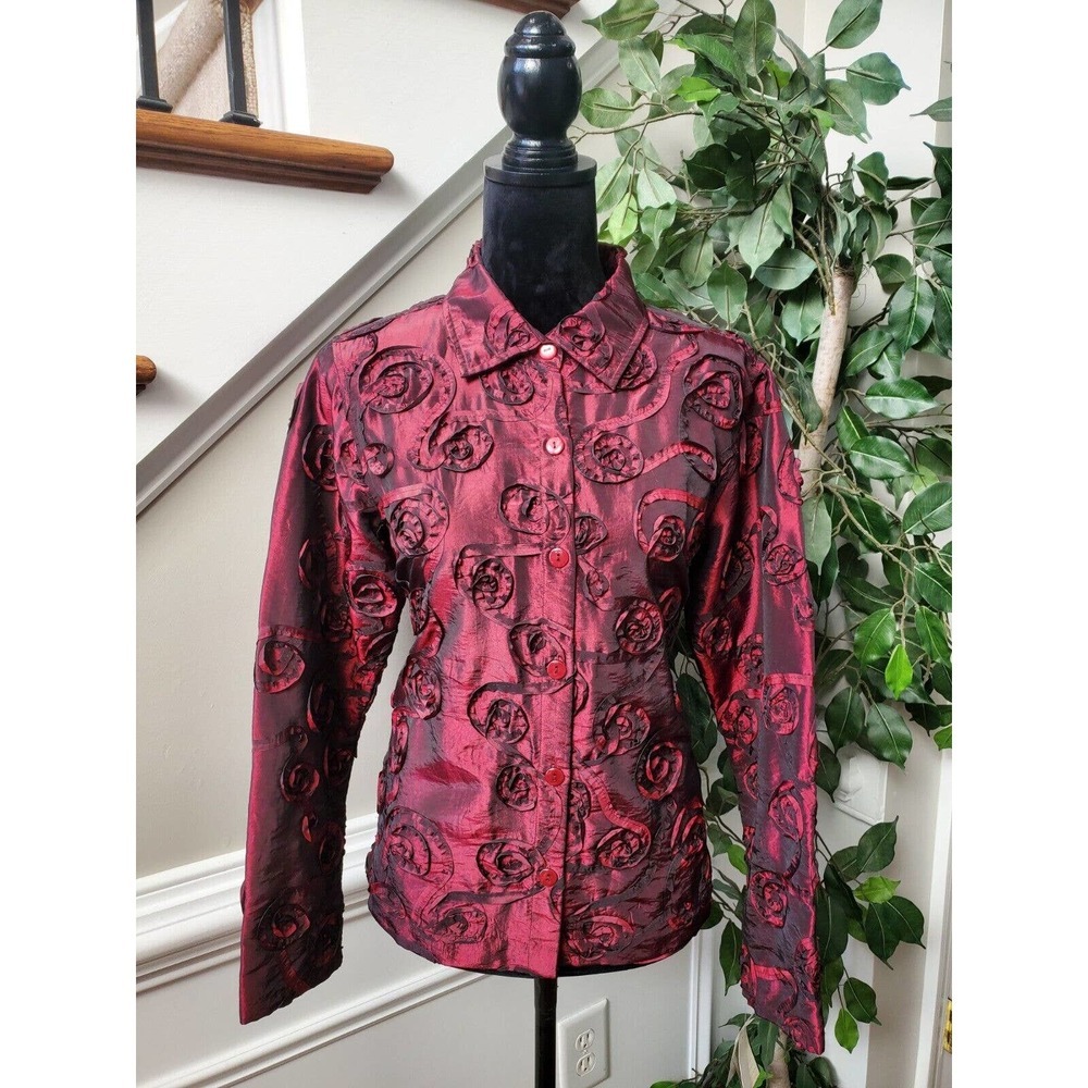 Scott Taylor Women Burgundy Polyester Collared Long Sleeve Buttons Down Shirt M